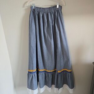 Karabela Glam Traditional Haitian Blue Maxi Skirt Rickrack Trim Lace Hem Medium